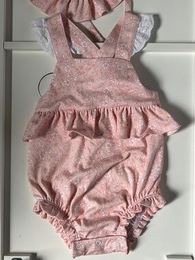 Pink Floral Ruffle Baby One-Piece Bubble Romper with Hat